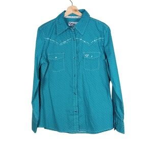 Cowgirl Hardware Womens Turquoise Polka Dot Western Pearl Snap Shirt Size M